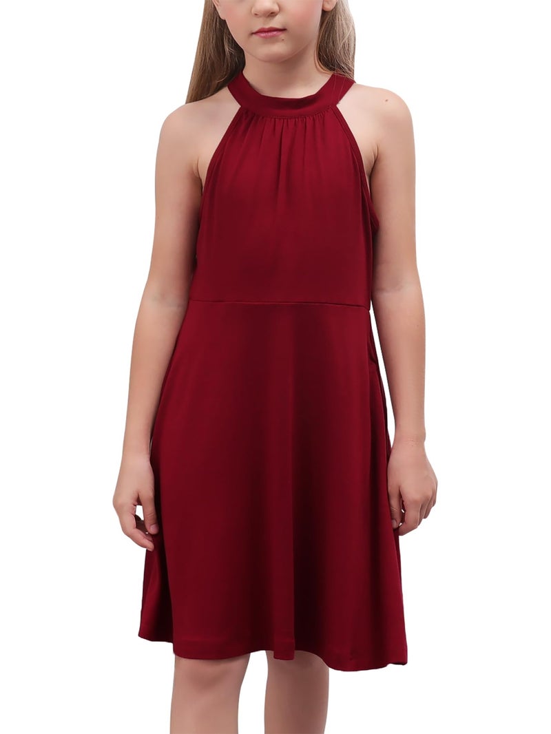 GORLYA Girl's Halter Neck Cold Shoulder Sleeveless Summer Casual Sundress A-line Dress with Pockets for 4-12 Years(GOR1013,12Y,WineRed) - Image 1